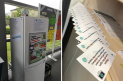 Examples of a foodsharing fridge at the MPI Magdeburg (left) and of stickers to raise awareness from the MPI CBS Leipzig (right).