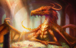 Dwarf antagonizer. The dragon Smaug sits atop his treasure under the Lonely Mountain. Illustration by David Demaret, 2012.